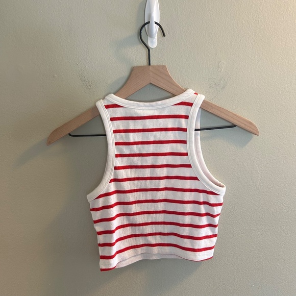 H&M Crop Tank Top Womens Size Small White Red Striped High Neck Fitted Stripes - Picture 5 of 7